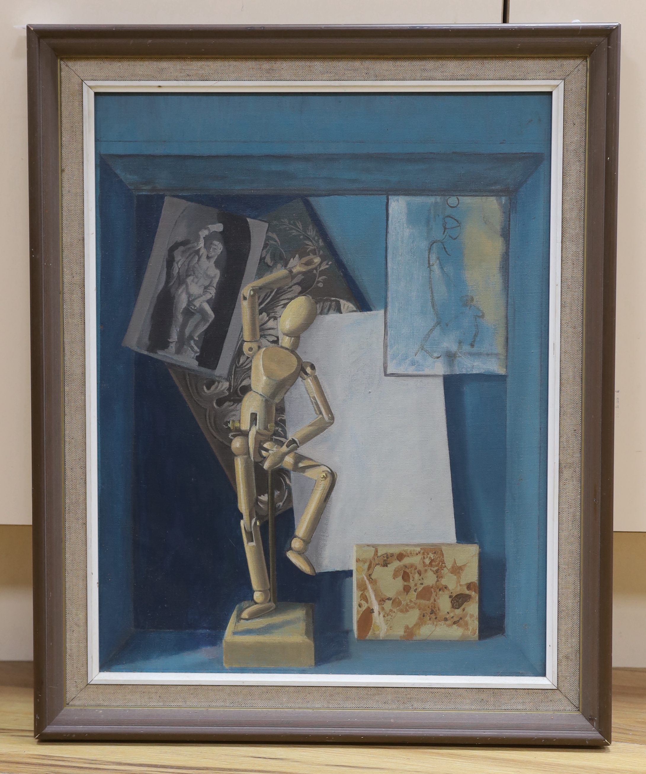 Modern British, oil on canvas, Still life study of an artist's maquette, 44 x 34cm